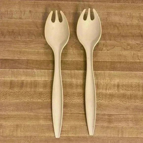 Tupperware Salad Serving Utensils 12'' Fork Spoon Set of 2 Vintage Harvest Gold - Picture 1 of 6